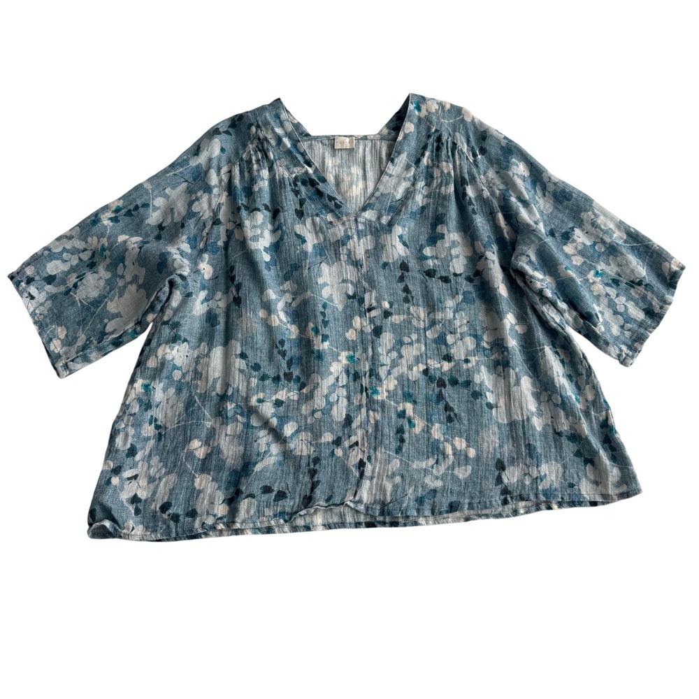 Poetry 100% Linen Watercolor Floral Blue White Swing V Neck‎ Blouse sz 14 XL
